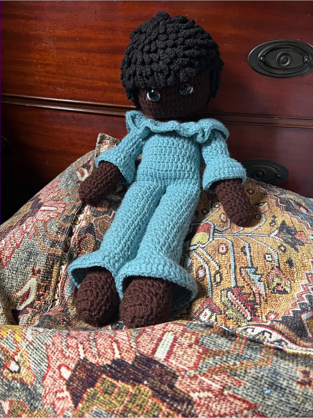 Handmade Crocheted Doll in Teal Outfit